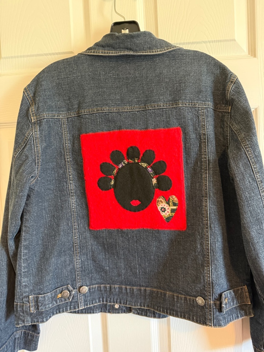 Chico's Dark Blue Denim Jacket with Multicolor Pocket Appliqué